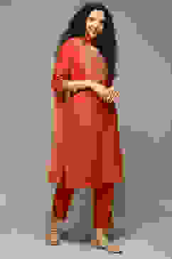 Burnt Orange Rayon Straight Kurta Pants Suit Set image number 6