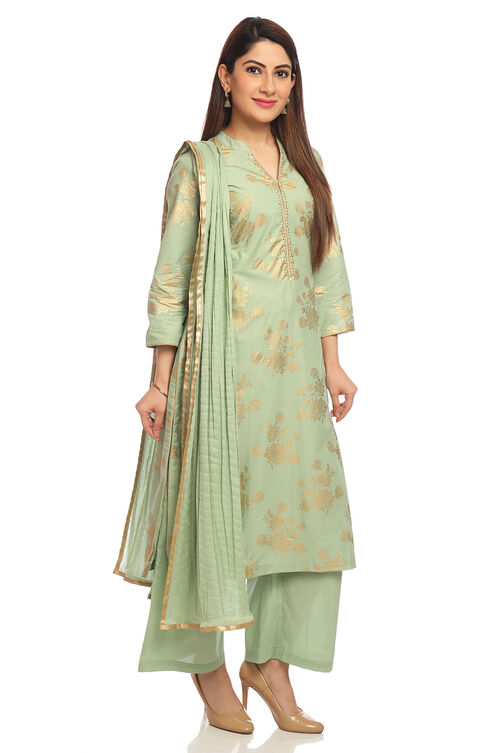 Pista Green Straight Cotton Kurta Palazzo Suit Set image number 0
