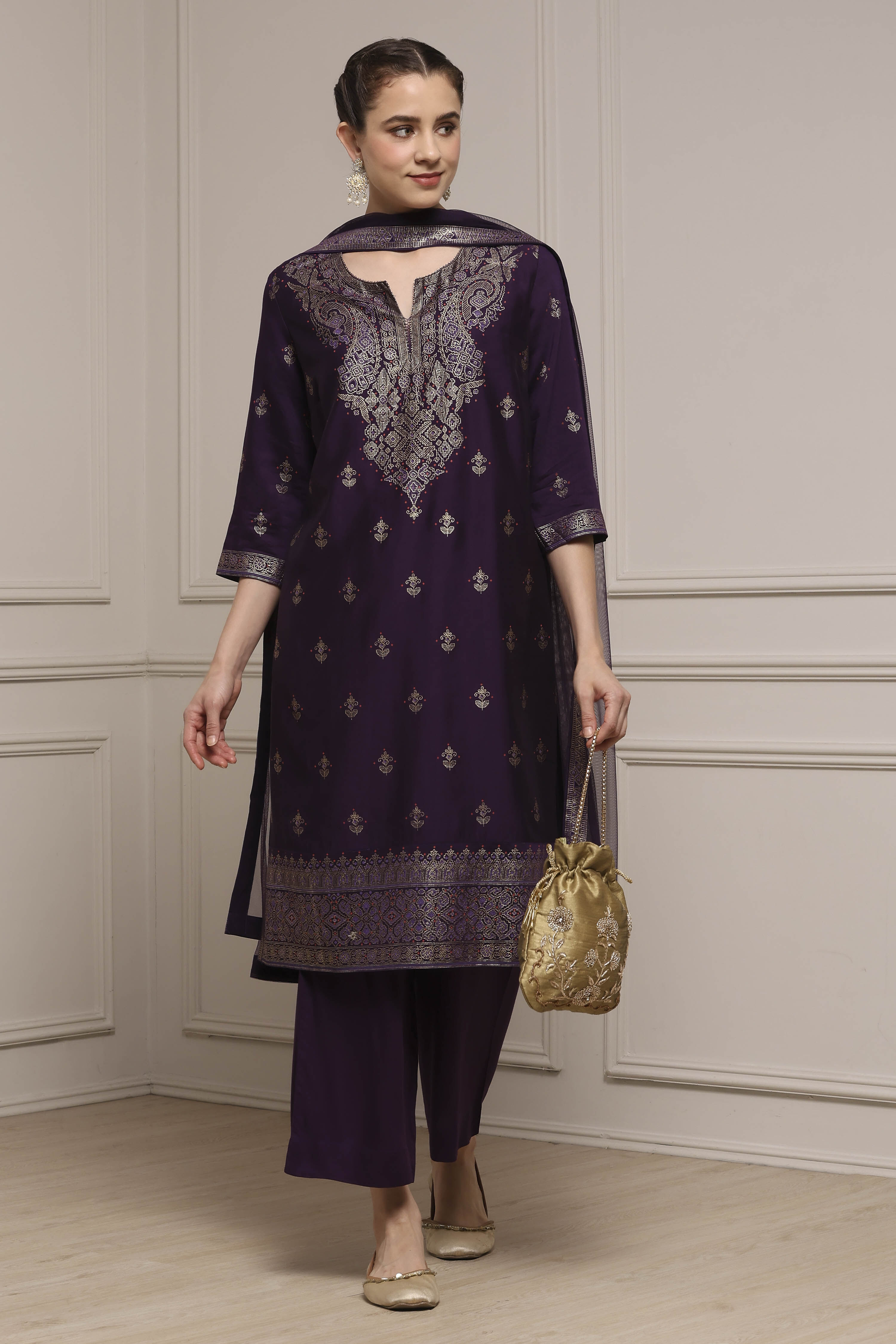 Purple Viscose Blend Straight Printed Suit Set image number 0