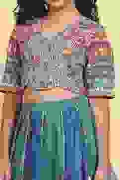 Blue Cotton Printed Kalidar Lehenga Set image number 1