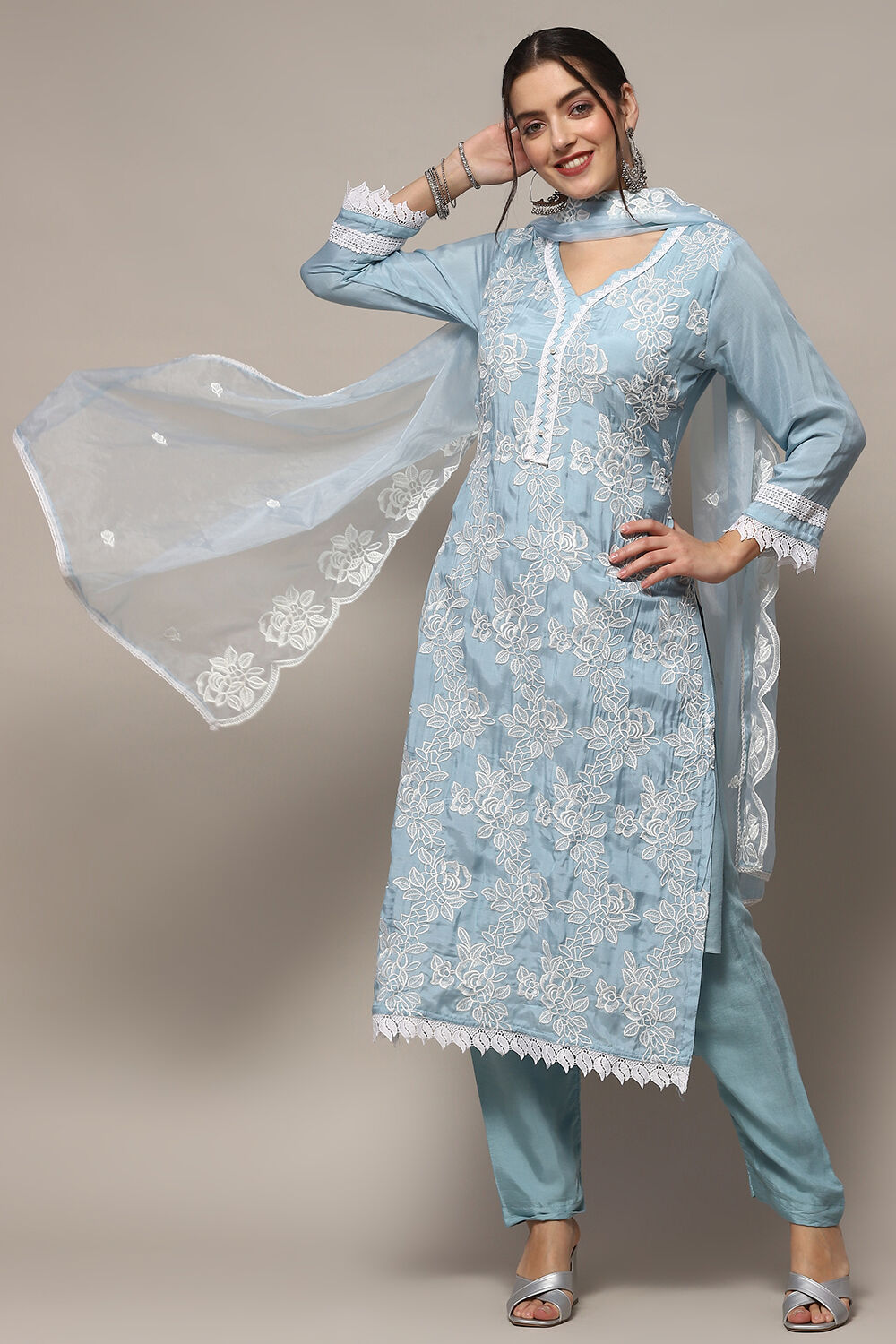 Dull Blue Muslin Unstitched Suit set image number 1