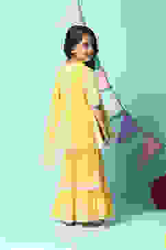 Yellow Cotton Blend Gathered Kurta Sharara Suit Set image number 4