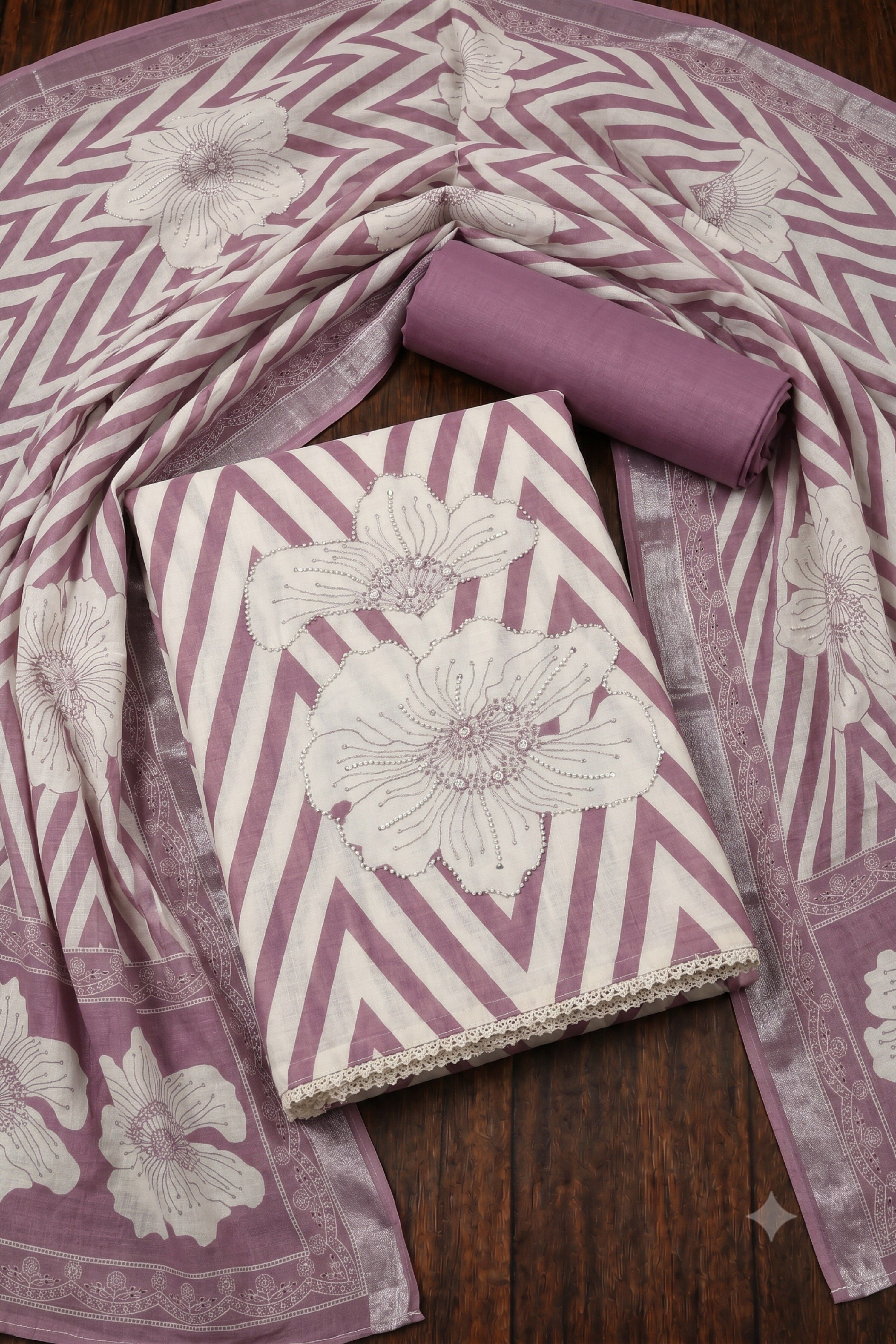 Purple Linen Contemporary Print Unstitched Suit Set image number 0