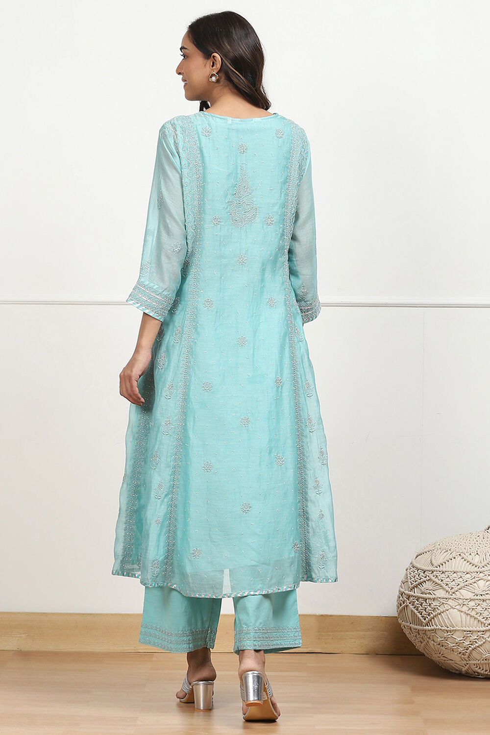 Powder Blue Silk Chanderi Embroidered Kalidar Suit Set image number 4