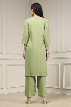Sage Green Viscose Rayon Straight Solid Suit Set image number 4
