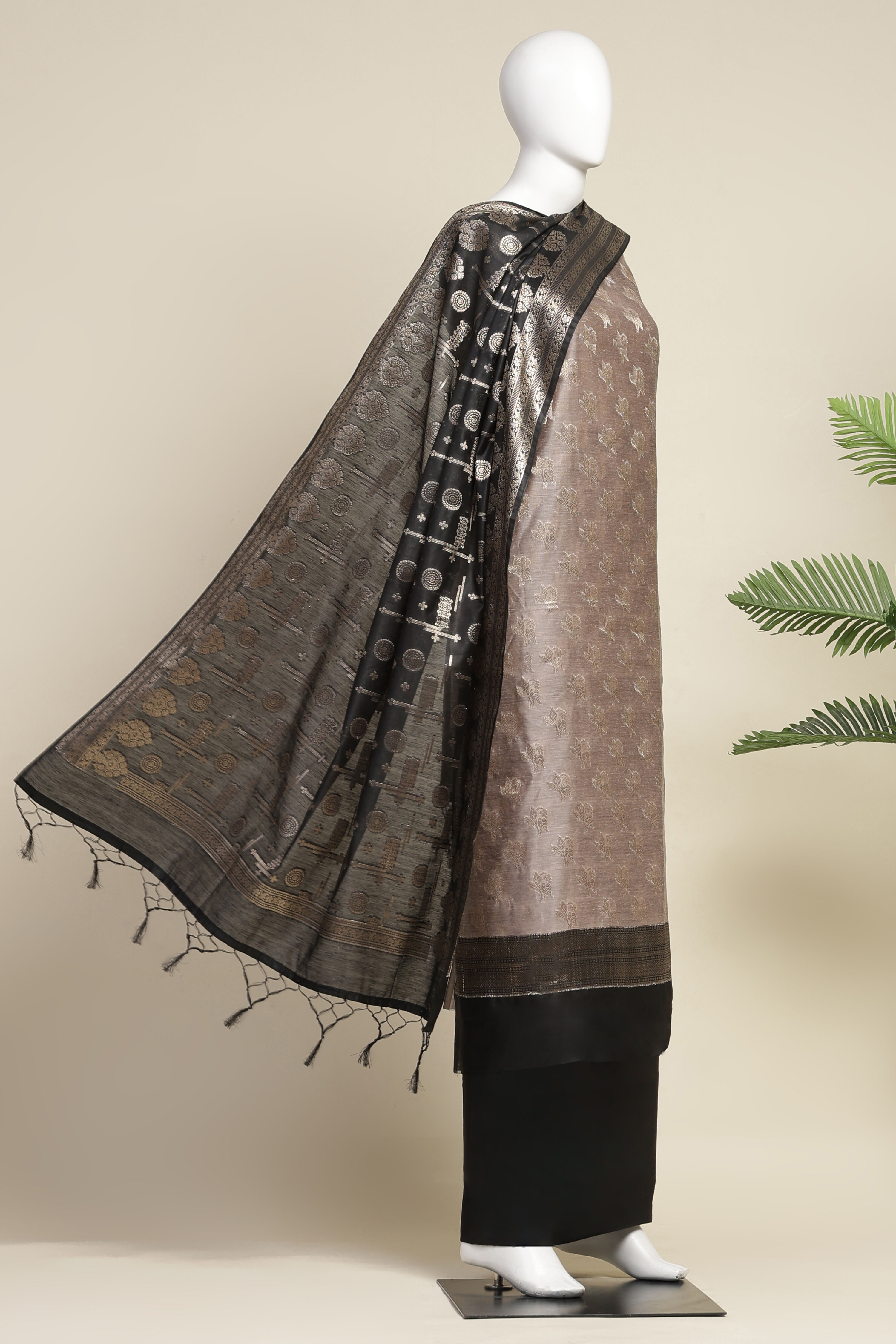 Grey Cotton Printed Embroidered Unstitched Suit Set image number 4
