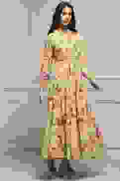 Yellow Cotton Floral Tiered Dress image number 4