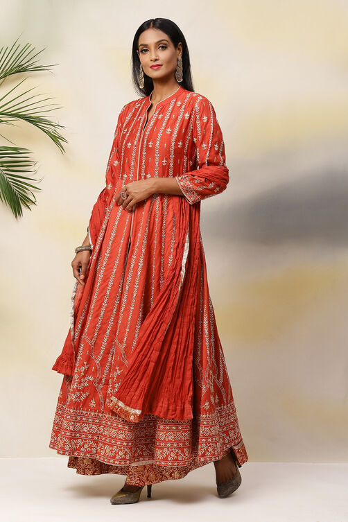 Terracotta Cotton Silk Anarkali Kurta Sharara Suit Set image number 5