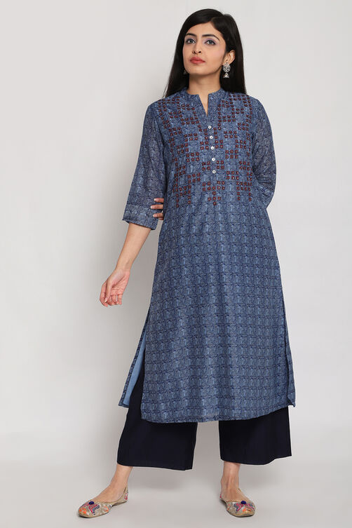 Indigo Art Silk Kurta Pants Set image number 0
