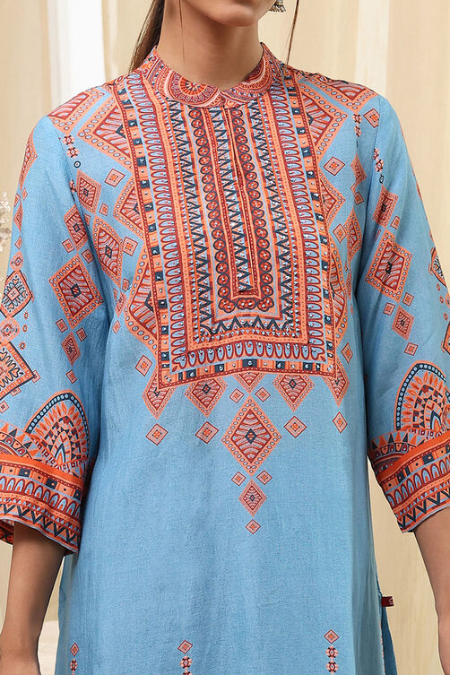 Dull Blue Printed Straight Suit Set image number 1