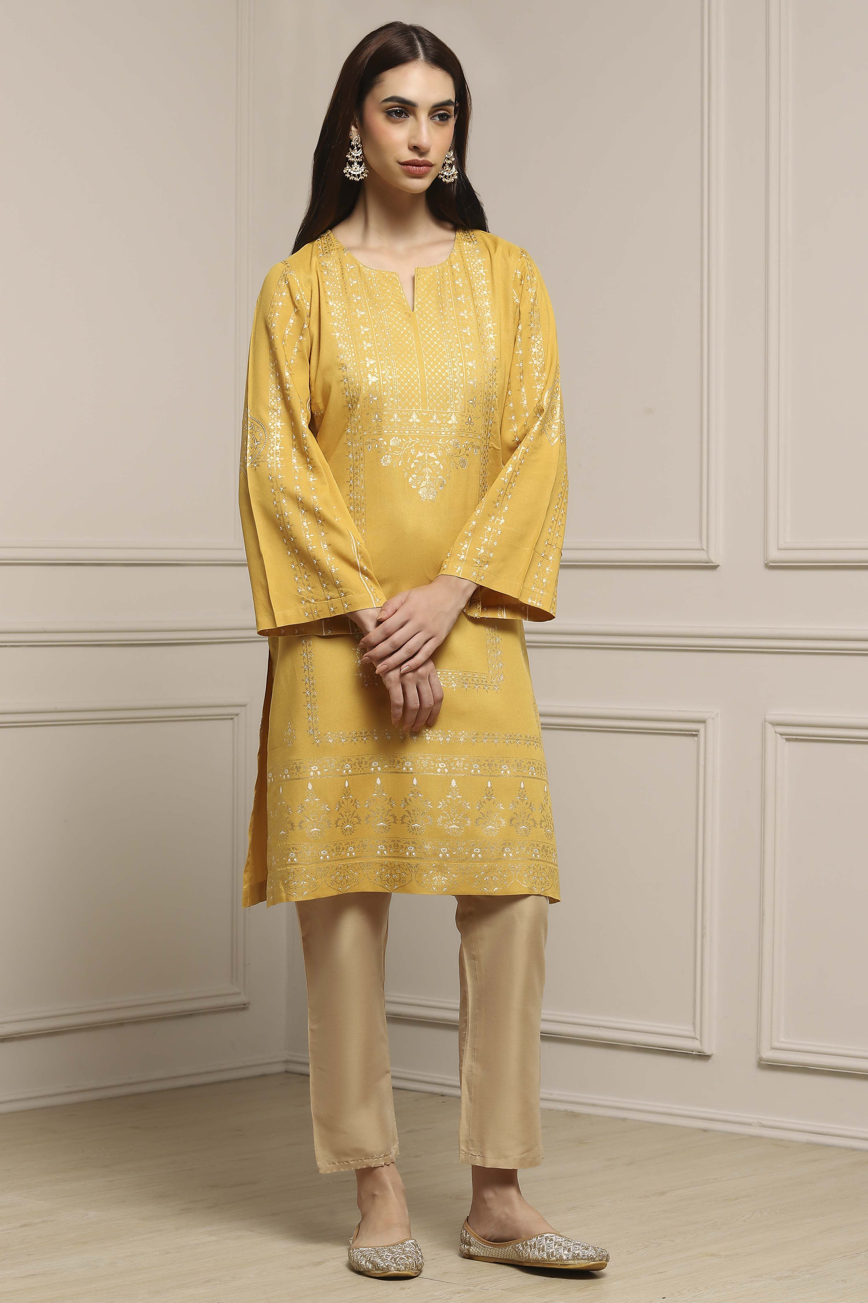 Yellow Rayon Straight Printed Kurta image number 4