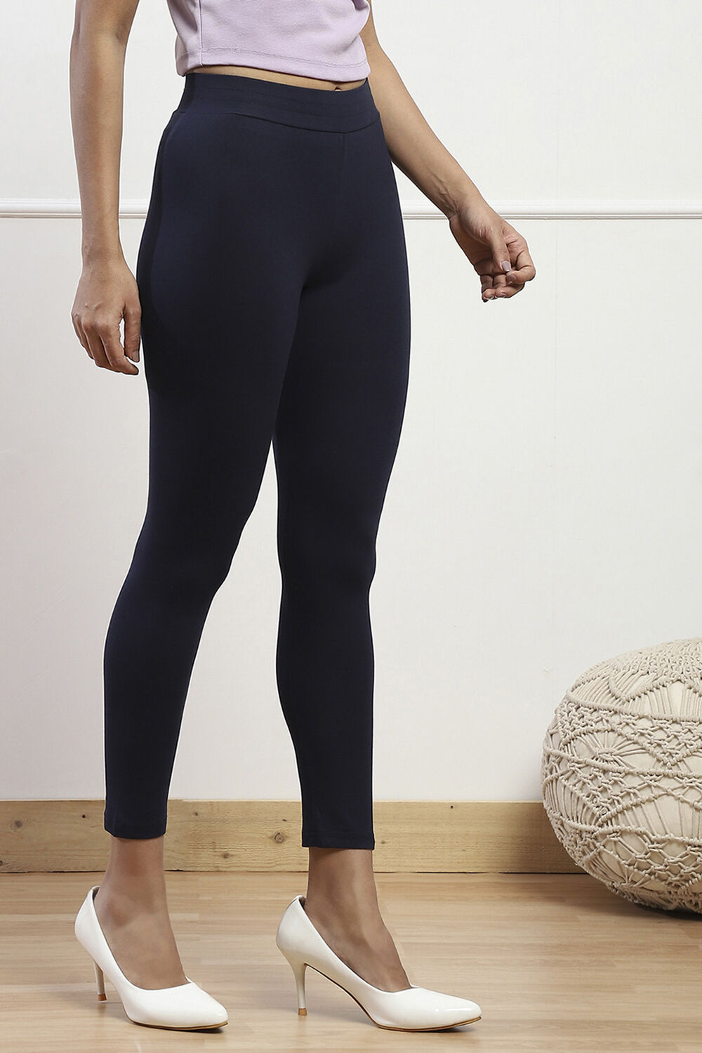 Navy Cotton Blend Solid Leggings image number 3