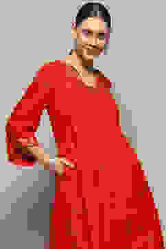 Red Foil Printed Gathered A-Line Kurta image number 1