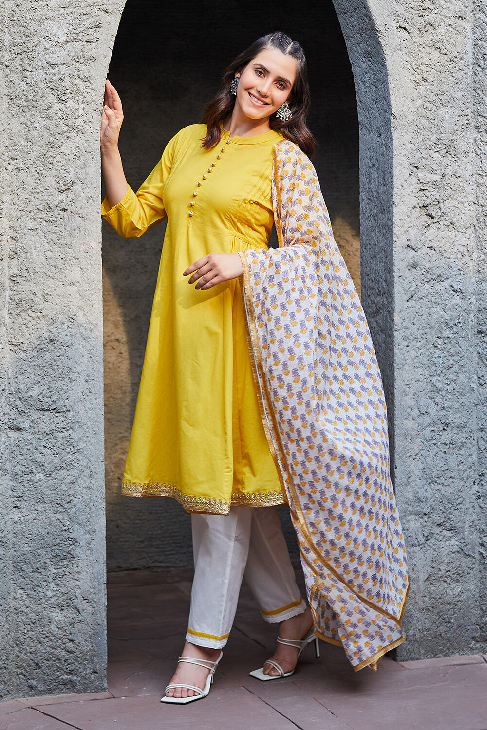 Yellow Cotton Gathered Kurta & Pants Suit Set image number 0