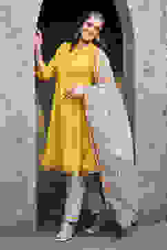 Yellow Cotton Gathered Kurta & Pants Suit Set image number 0