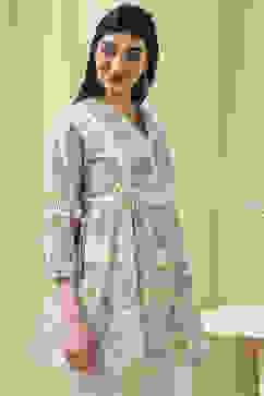 Ice Blue Cotton Floral Flared Short Kurta image number 2