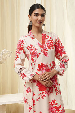 Red and Off-White Floral Printed Straight Kurta image number 1