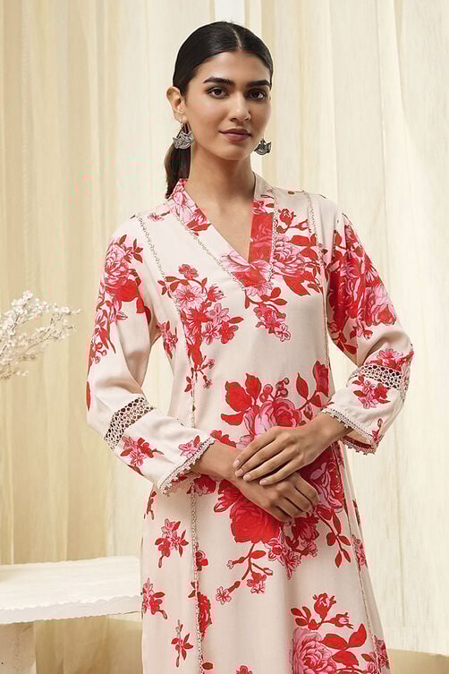 Red and Off-White Floral Printed Straight Kurta image number 1