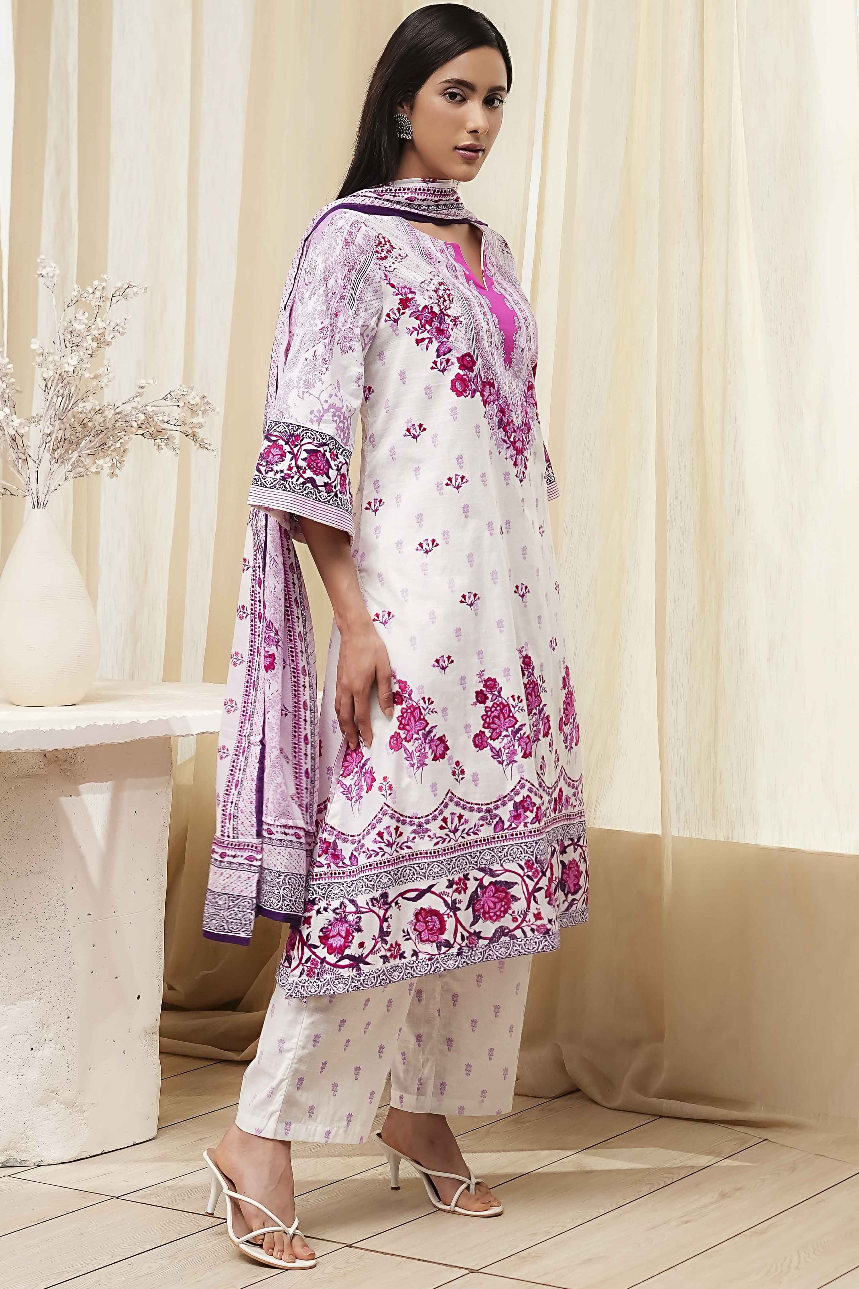 White and Pink Cotton Printed Straight Suit Set image number 5