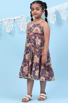 Blue Rayon Tiered Printed Kurta image number 0