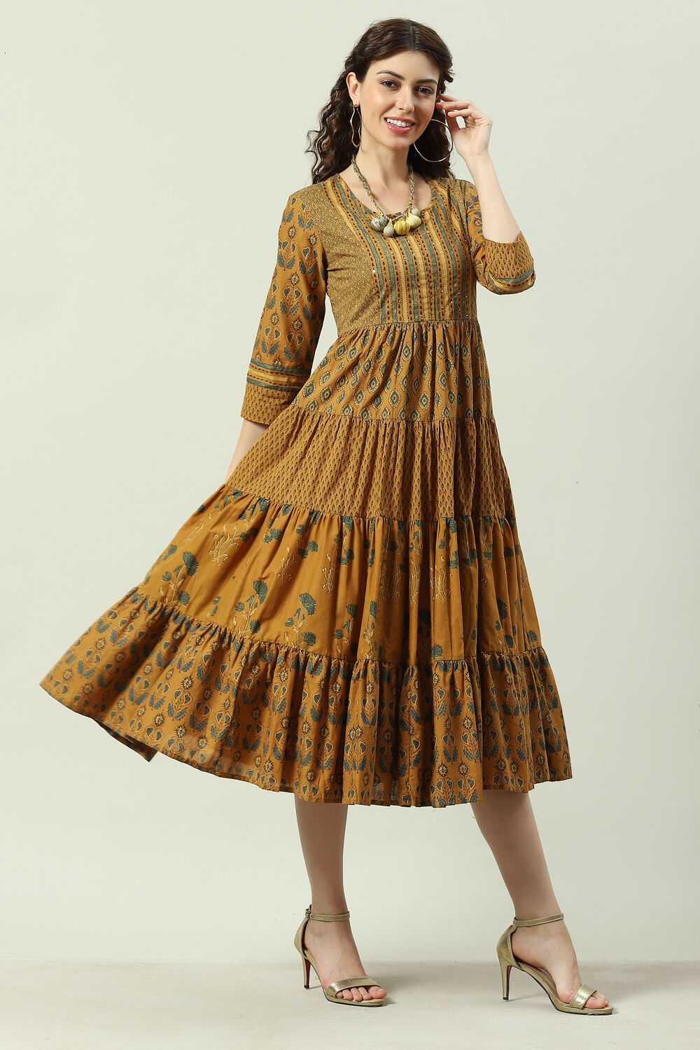 Ochre Cotton Printed Flared Tiered Dress image number 3