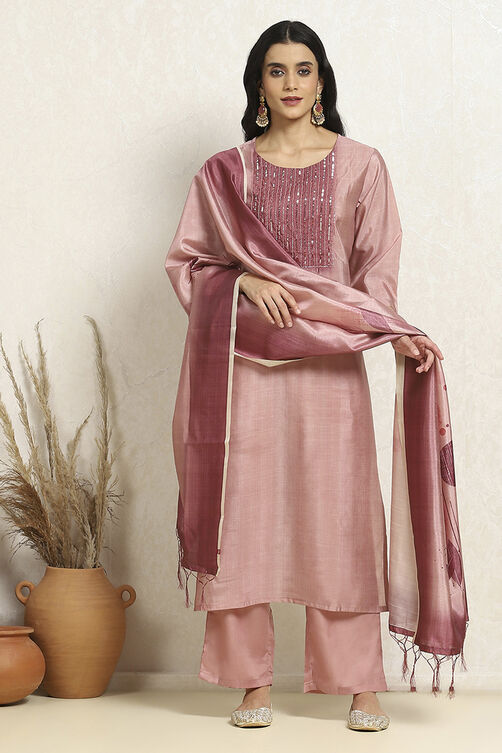 Pink Cotton Kota Embellished Unstitched Suit Set image number 1