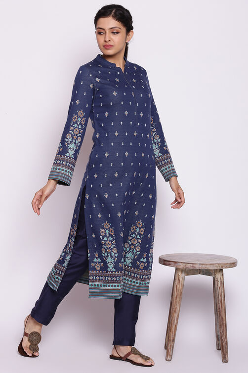 Dark Blue Winter Yarndyed Kurta image number 2
