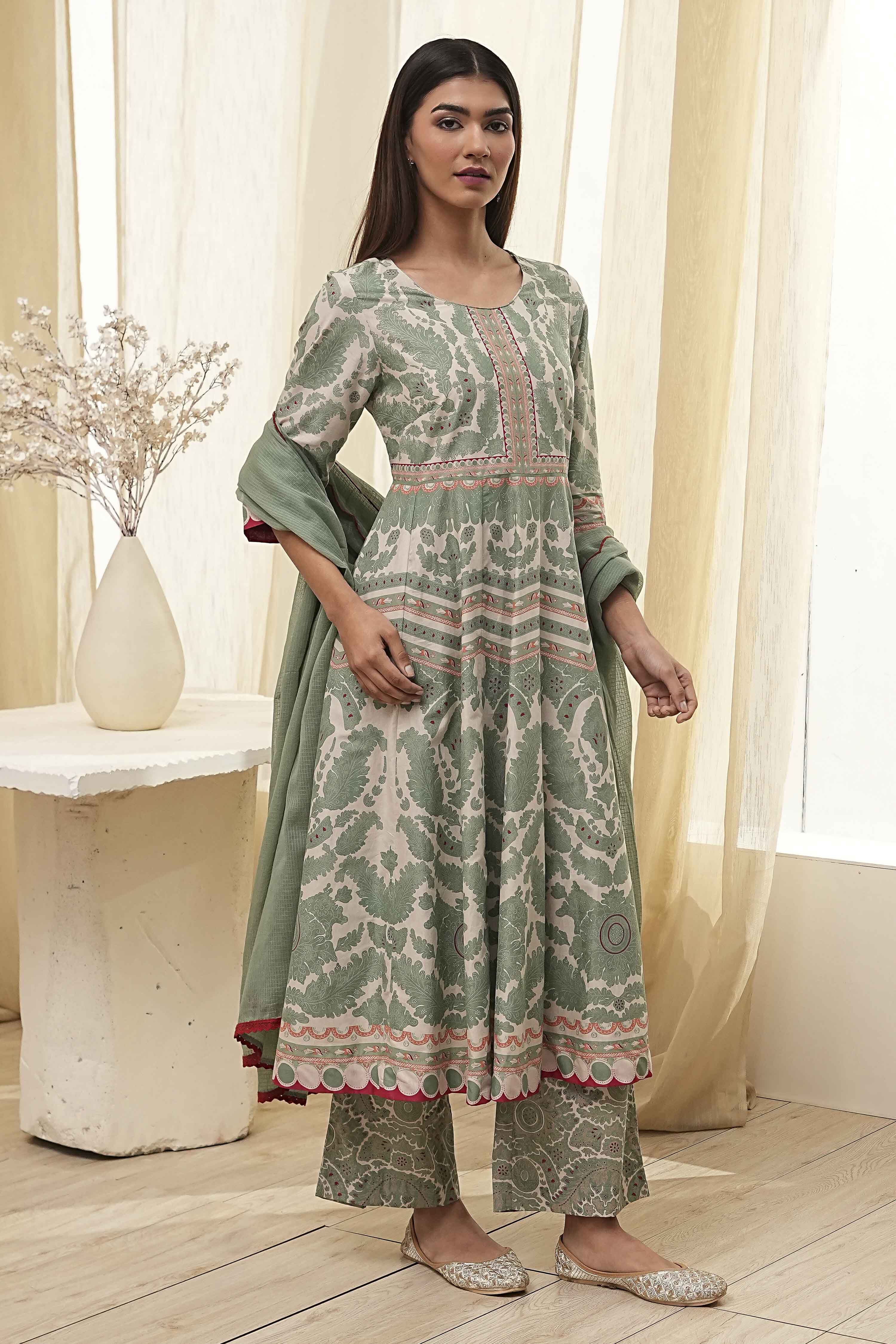 Green Cotton Printed Anarkali Suit Set image number 5