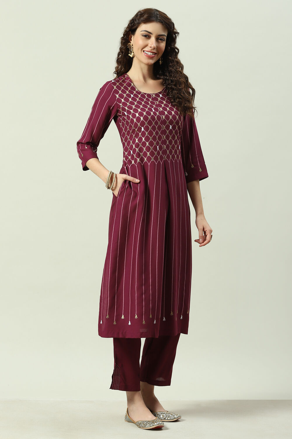 Plum Printed Rayon Straight Kurta Regular Pants Suit Set image number 5