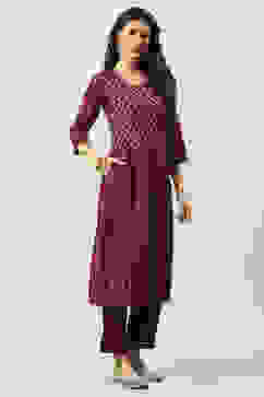 Plum Printed Rayon Straight Kurta Regular Pants Suit Set image number 5