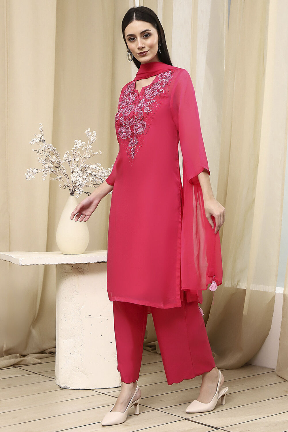 Fuchsia Embroidered Straight Suit Set image number 3