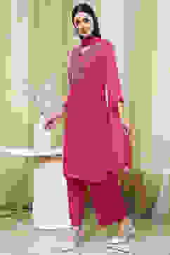 Fuchsia Embroidered Straight Suit Set image number 3