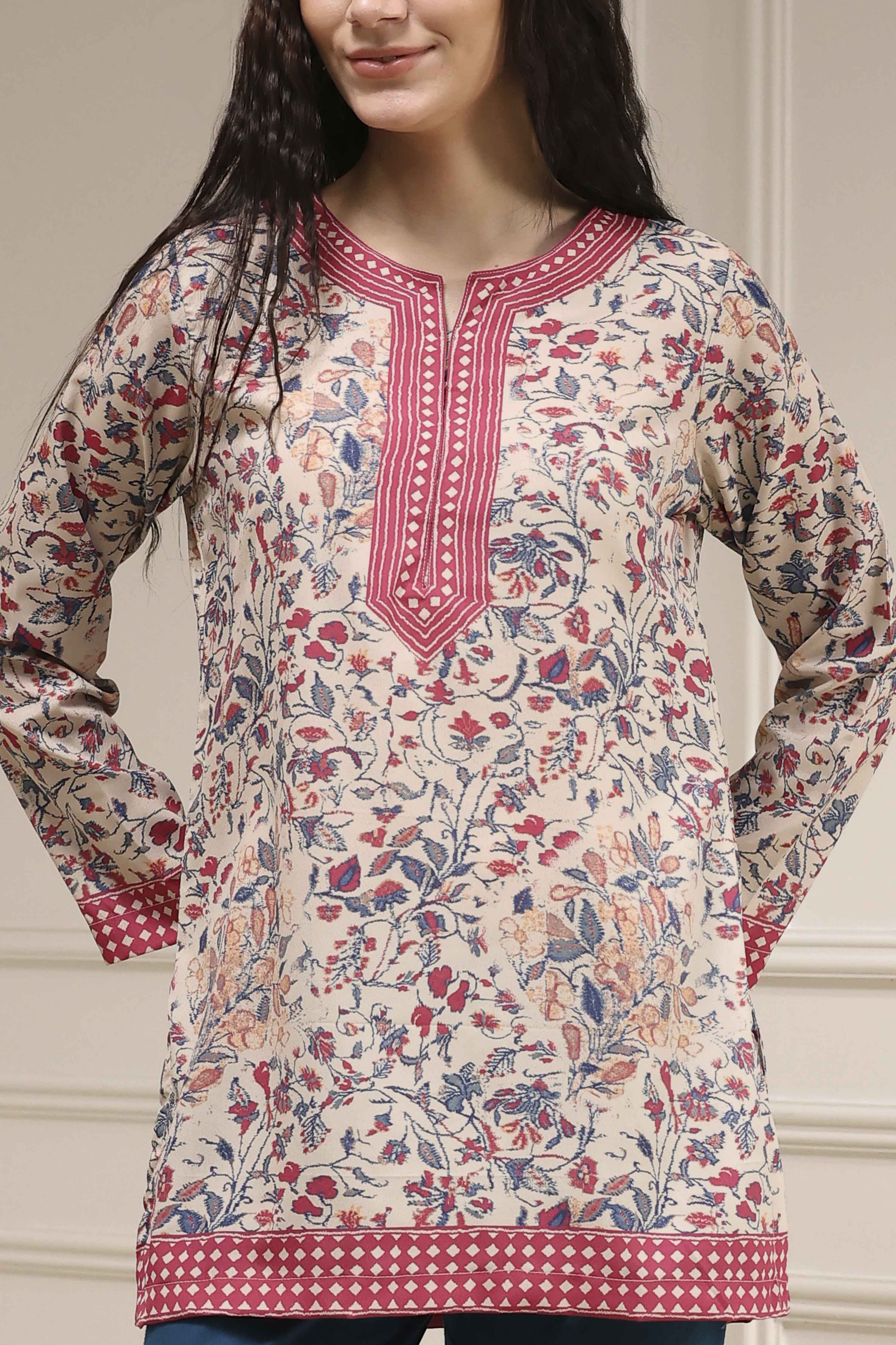Beige Polyester Straight Printed Top image number 1