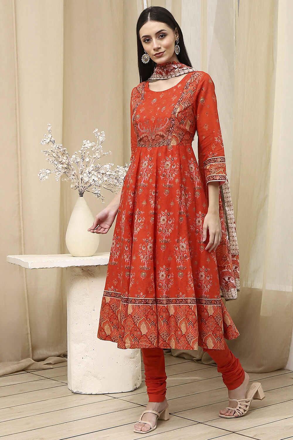 Orange Cotton Printed Anarkali Suit Set image number 3