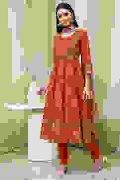 Orange Cotton Printed Anarkali Suit Set image number 3