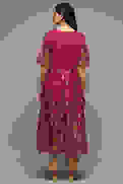 Wine Cotton Flared Printed Kurta image number 4