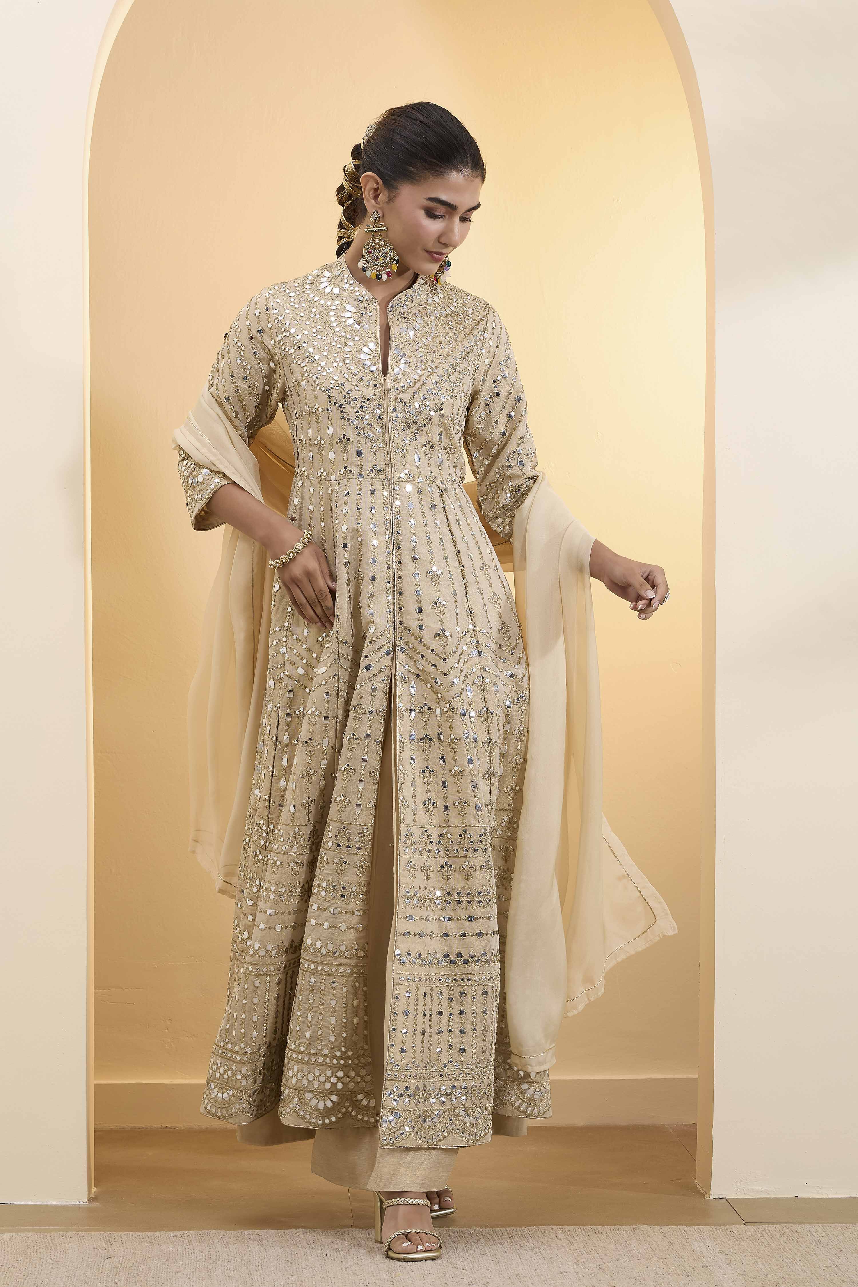 Beige Cotton Zari Tissue Kalidar Suit Set image number 0