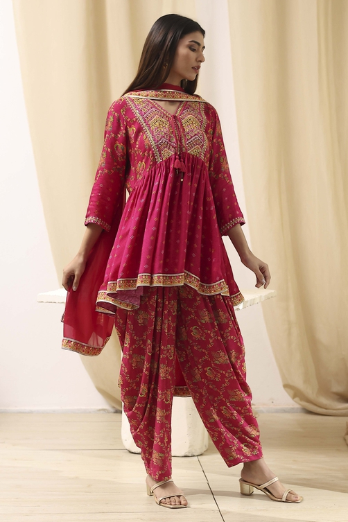Fuchsia Viscose Floral Printed Peplum Suit Set image number 4