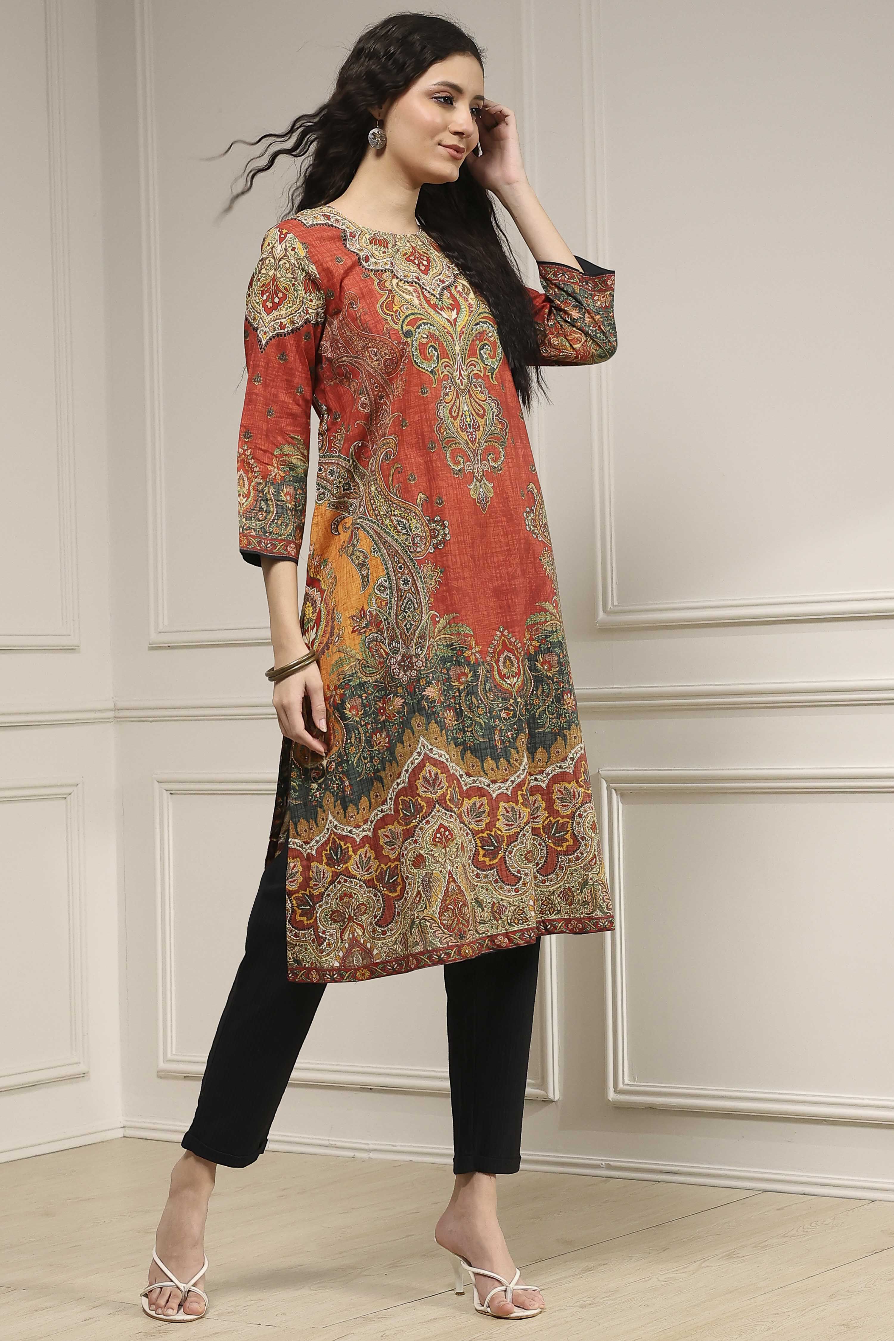 Rust Cotton Printed Straight Kurta image number 4