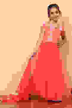 Orange and Pink Floral Festive Flared Lehenga Set image number 0