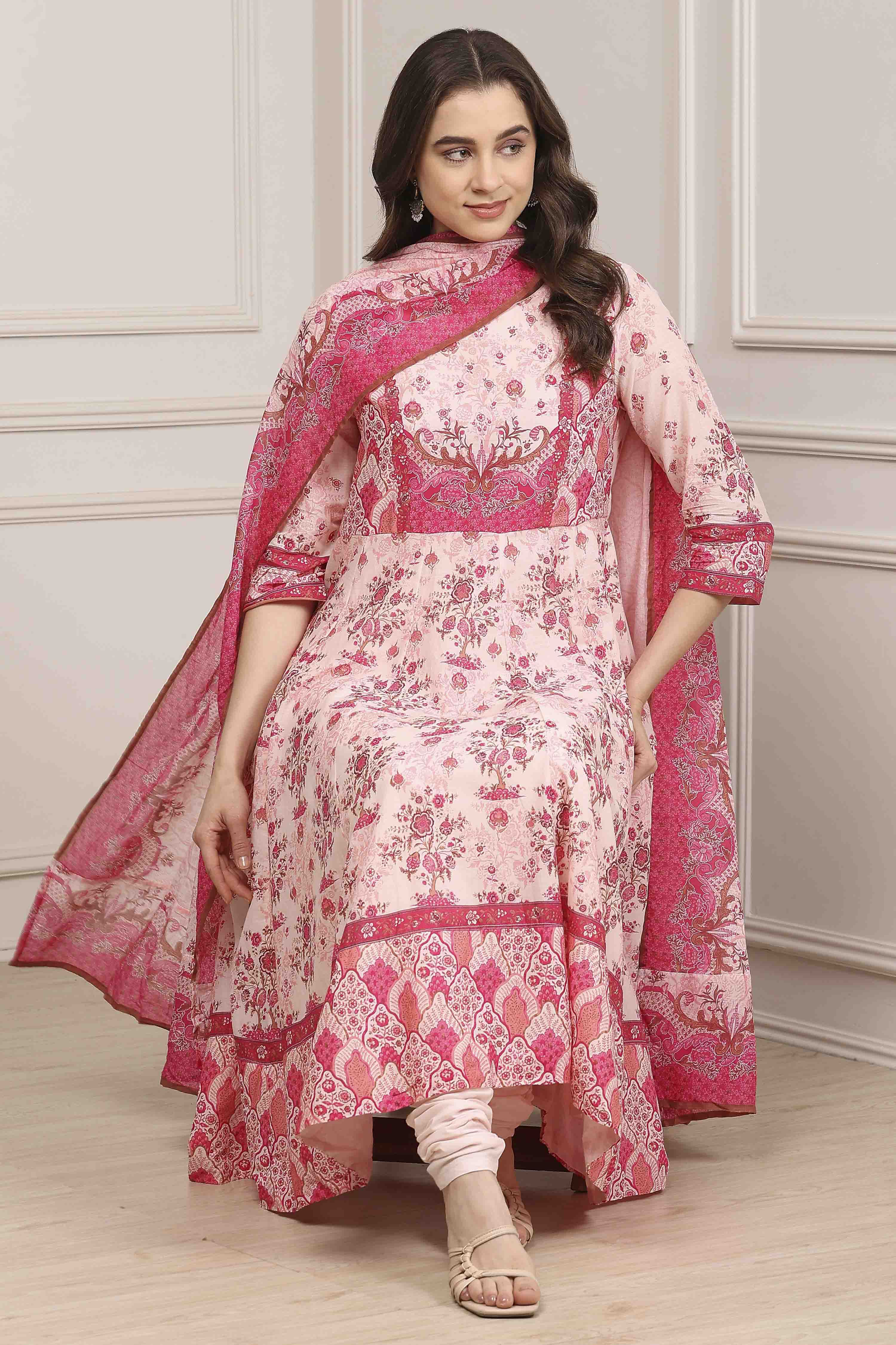 Light Pink Cotton Printed Anarkali Suit Set image number 0