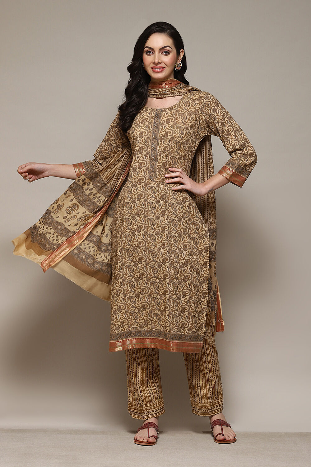 Coffee Brown Cotton Machine Embroidered Unstitched Suit Set image number 1