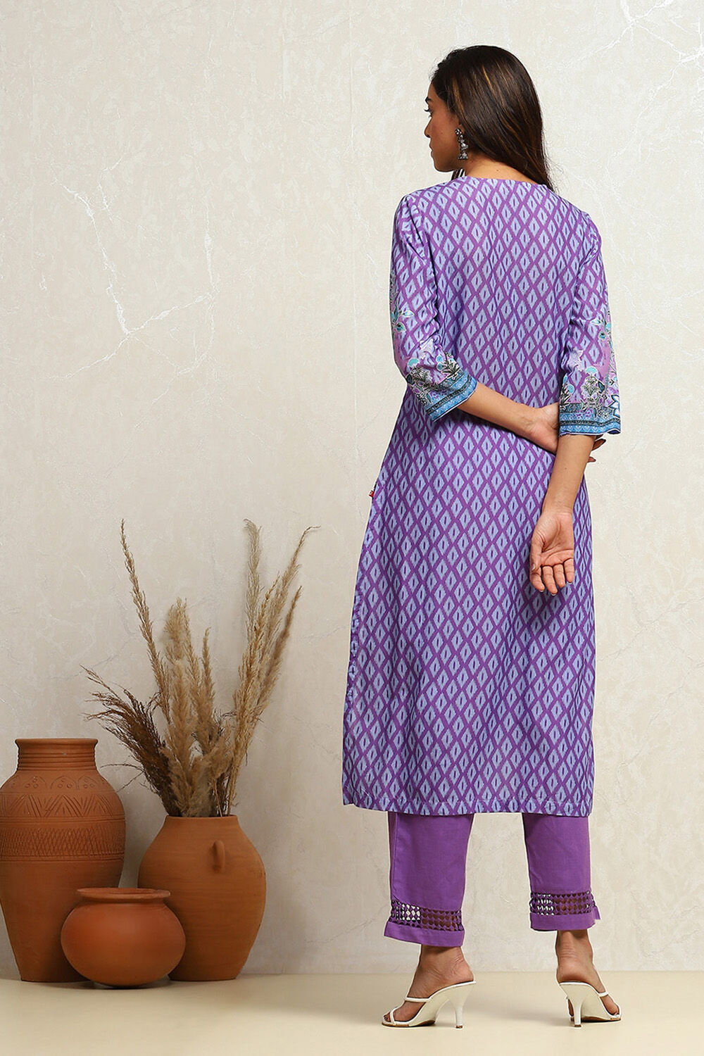 Purple Cotton Printed Straight Suit Set image number 4