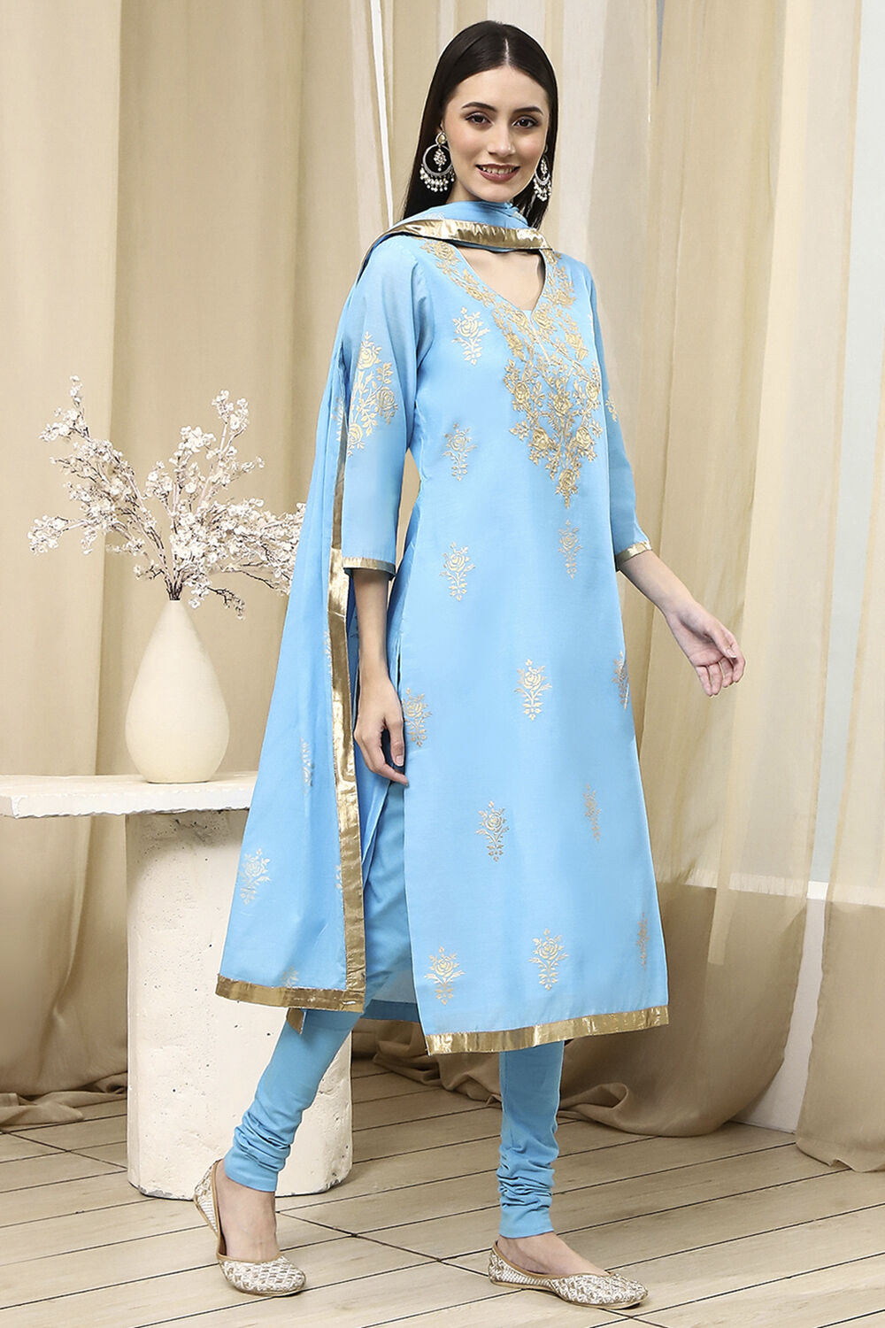 Blue Poly Chanderi Straight Suit Set image number 5