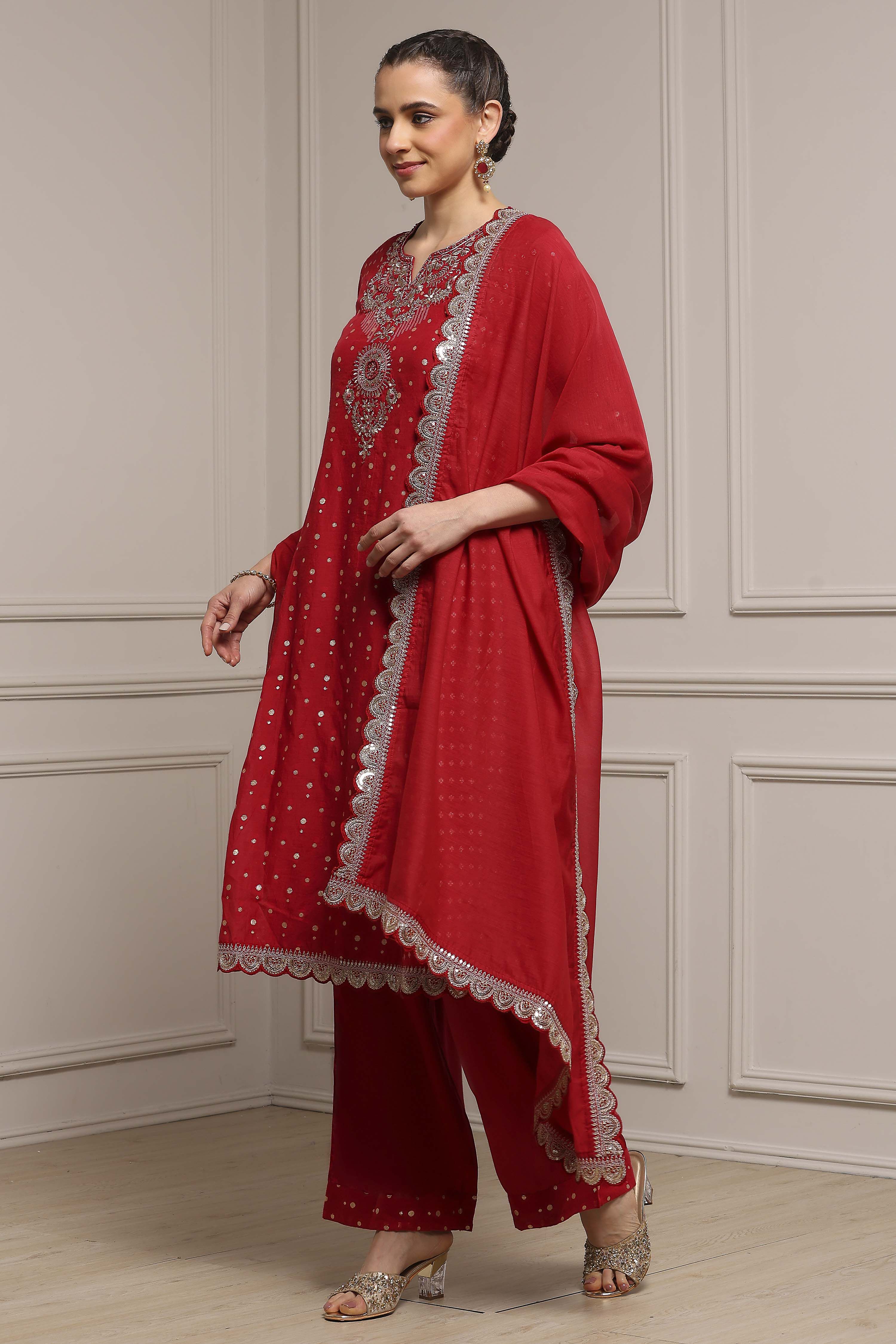 Red Cotton A-Line Yarndyed Suit Set image number 3