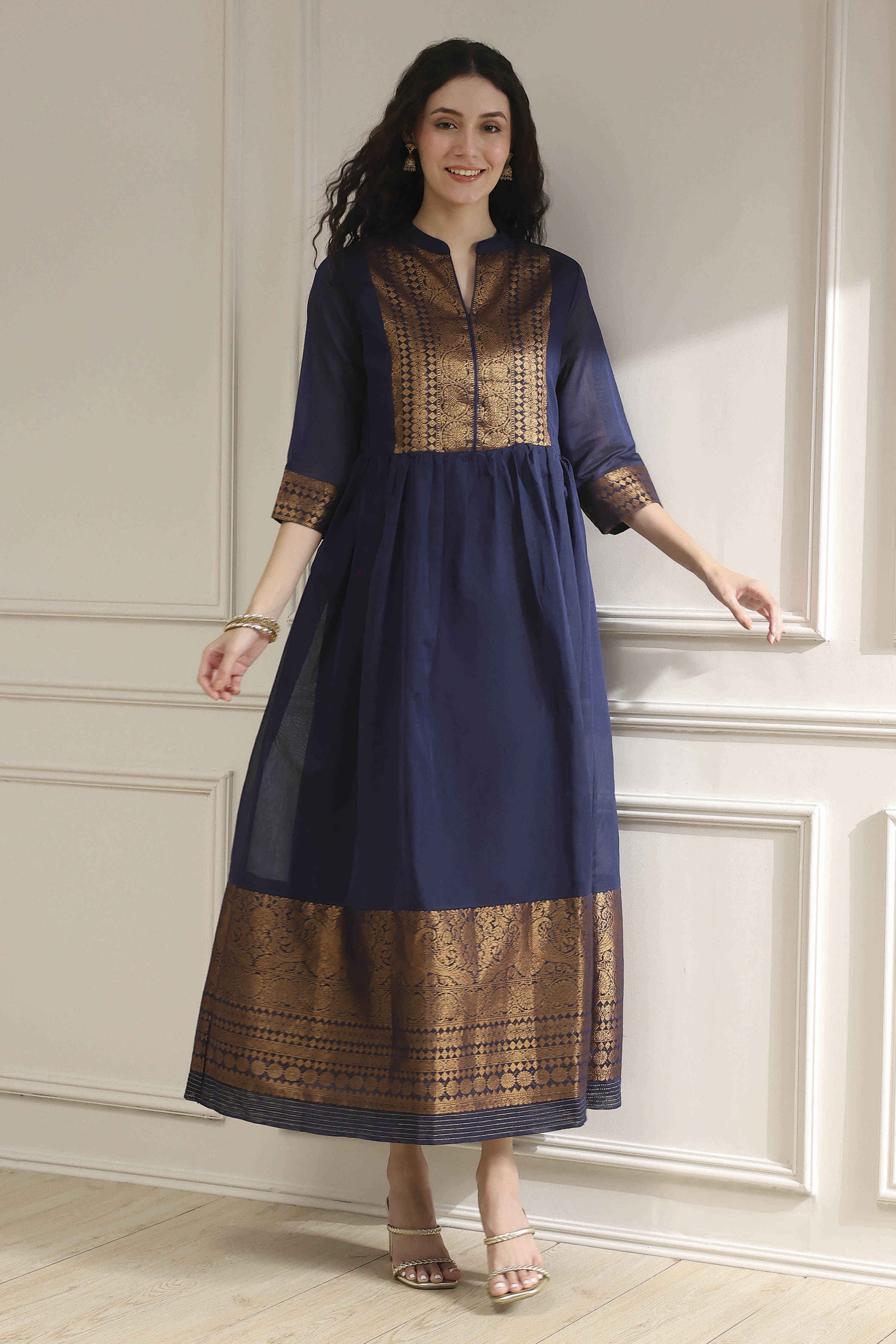 Navy Blue Yarn-Dyed Flared Kurta image number 0