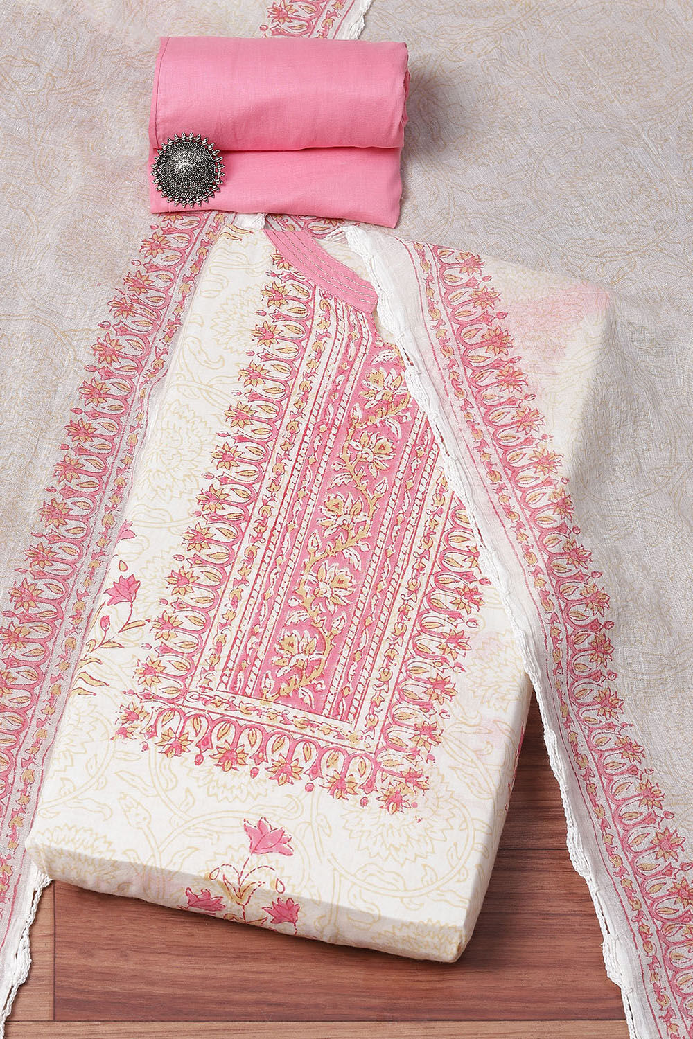 Pink Cotton Hand Embroidered Unstitched Suit Set image number 0