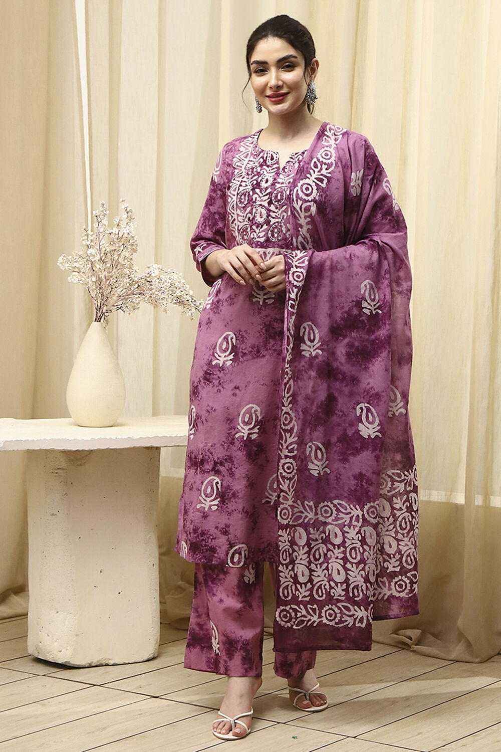 Purple Cotton Unstitched Suit Set image number 7
