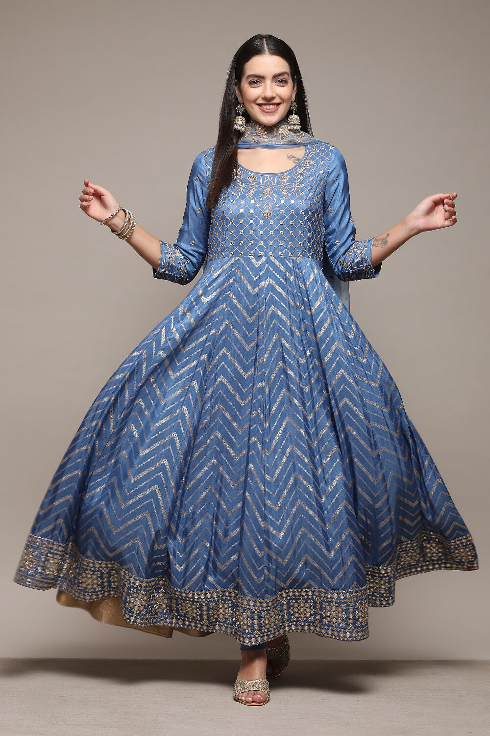 Powder Blue Jersey Anarkali Kurta Churidar Suit Set image number 8