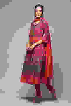 Crimson Red Cotton Anarkali Kurta Churidar Suit Set image number 5